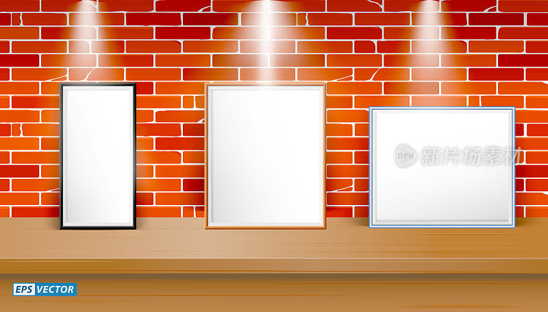 一套现实的空白相框在桌上或空白画框与down light或模拟框架海报展览概念。每股收益向量